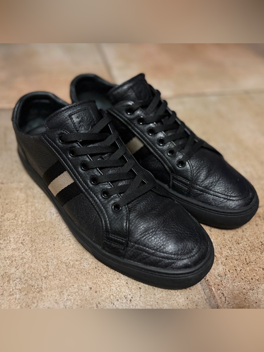 Bally Black Leather Low-Top Sneakers with Beige Stripe